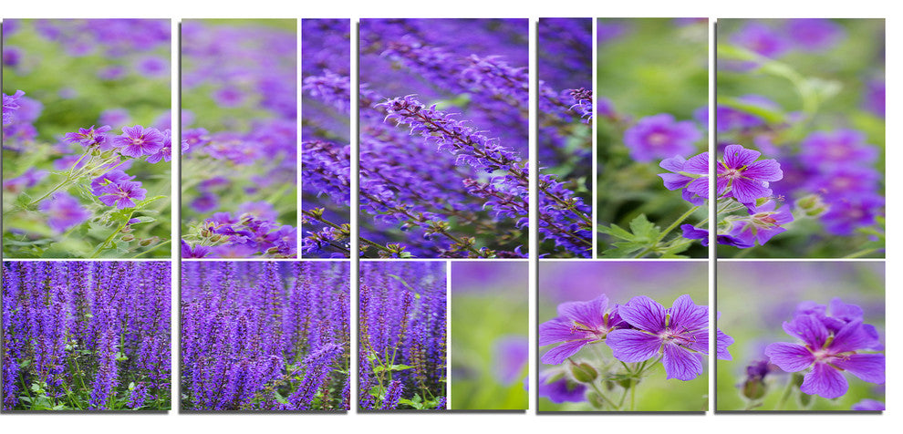 Blue Spring Flowers Collage, Floral Canvas Art Print, 60"x28", 5 Panels