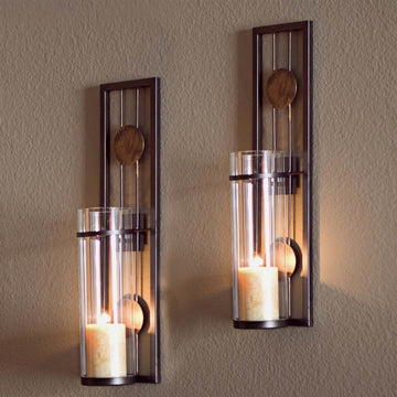 Contemporary Metal Wall Sconces With Antique Patina Medallions, Set of 2