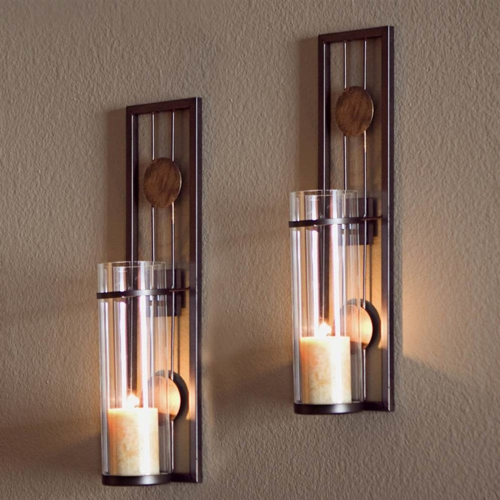 Contemporary Metal Wall Sconces With Antique Patina Medallions, Set of 2