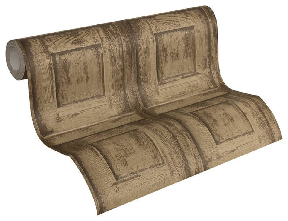 Loft Nature Textured Wallpaper, Wooden Door Boxes, Beige Light Brown, One Roll