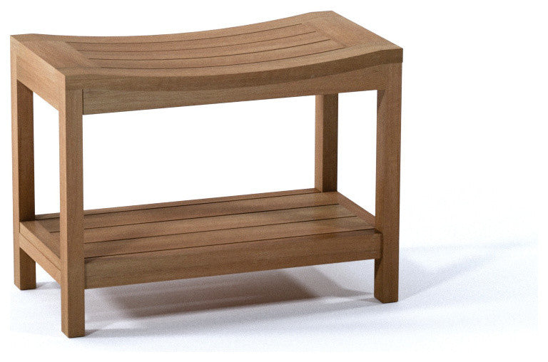Outdoor Teak Patio Praha Shower Spa Bench With Bottom Shelf, 24"