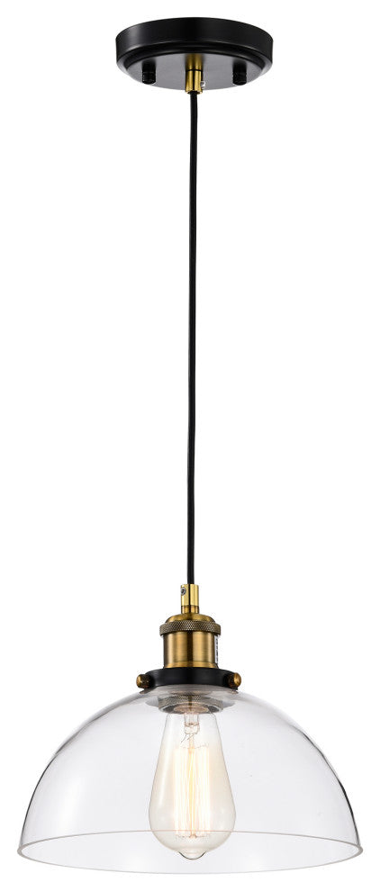 10 in. 1-Light Black and Antique Brass Pendant Light With Clear Dome Glass Shade
