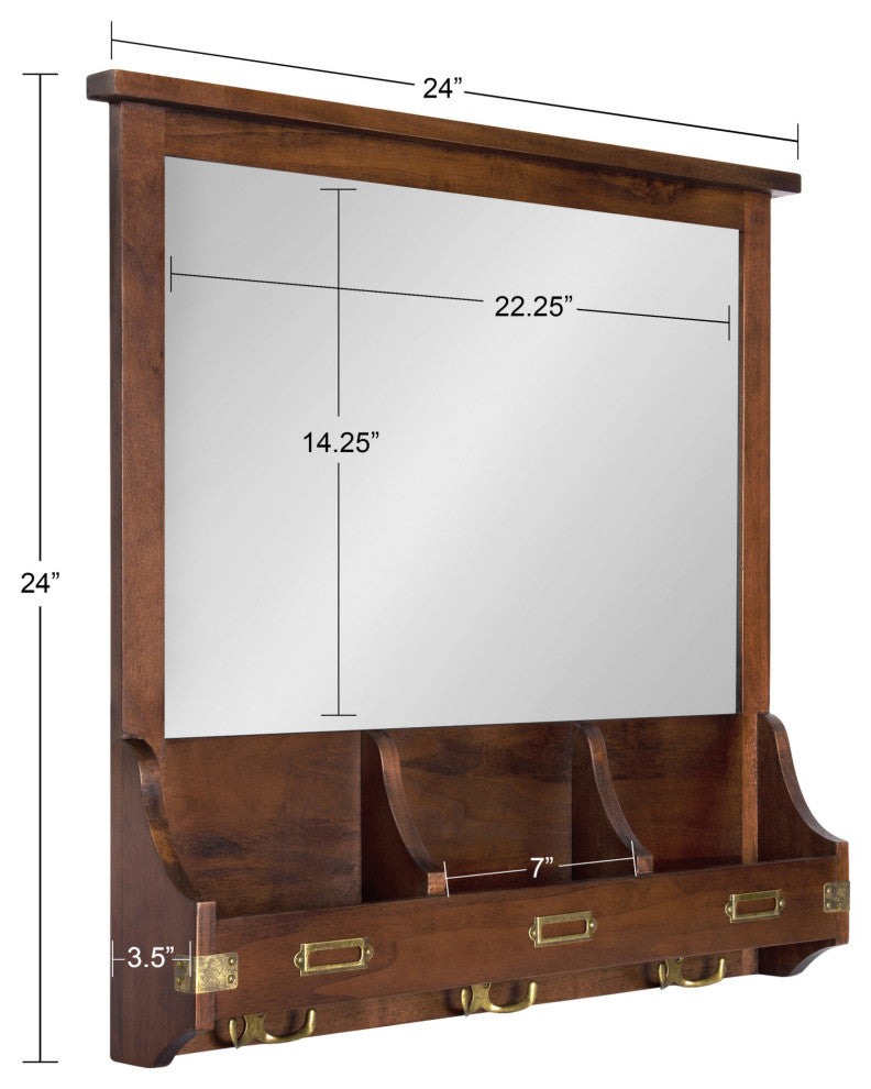 Stallard Wood Wall Mirror with Hooks, Walnut Brown 24x24