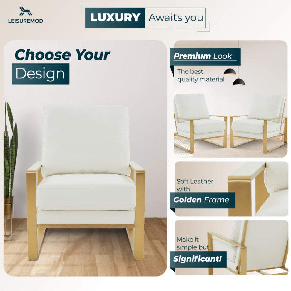 LeisureMod Jefferson Faux Leather Accent Armchair With Gold Frame, White
