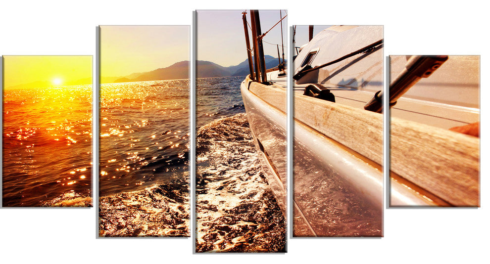 Yacht Sailing against Sunset, Large Seashore Canvas Wall Art, 60"x32", 5 Panels