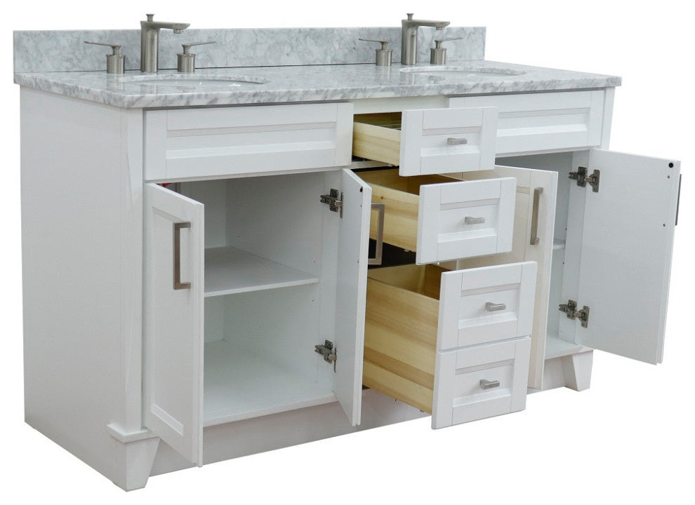 61" Double Sink Vanity, White Finish And White Carrara Marble And Oval Sink