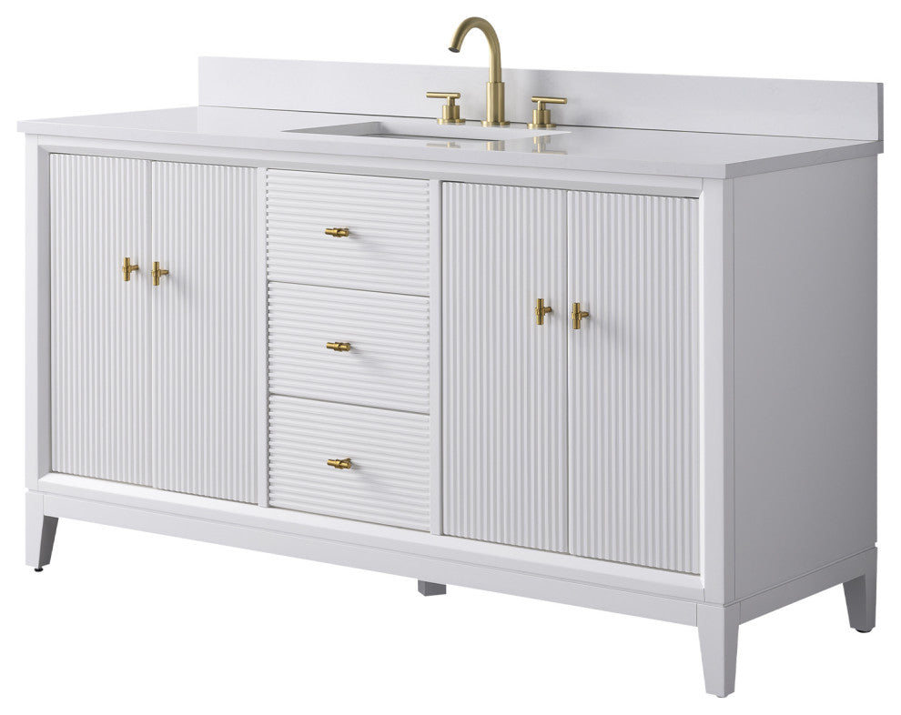 Vanity Art Bathroom Vanity with Engineered Marble Top and Sink, White, 60", Golden Brushed