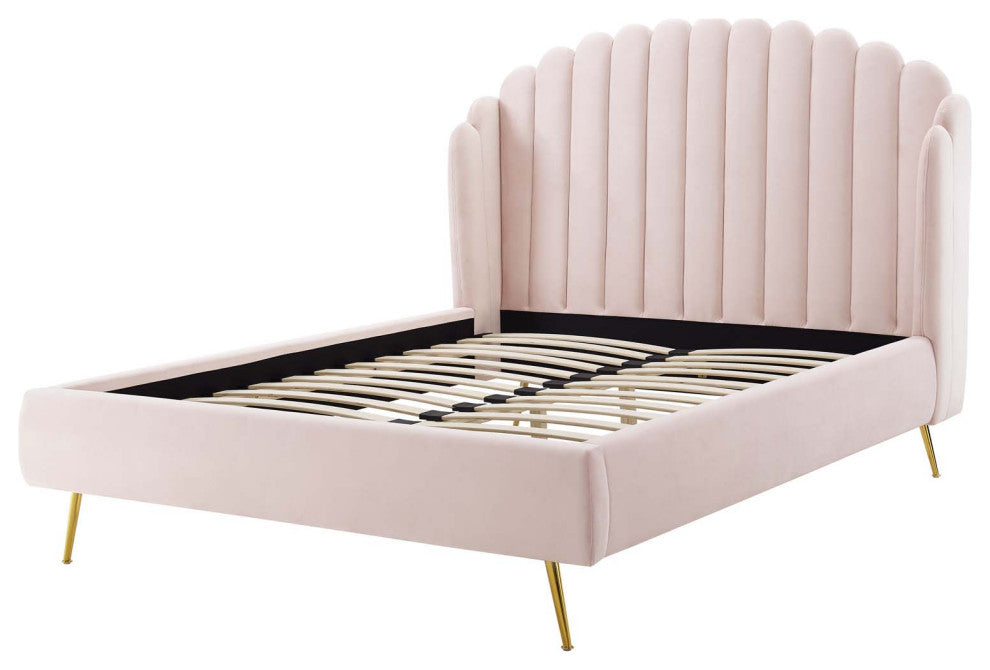 Platform Bed Frame, Queen Size, Velvet, Pink, Modern Contemporary, Bedroom