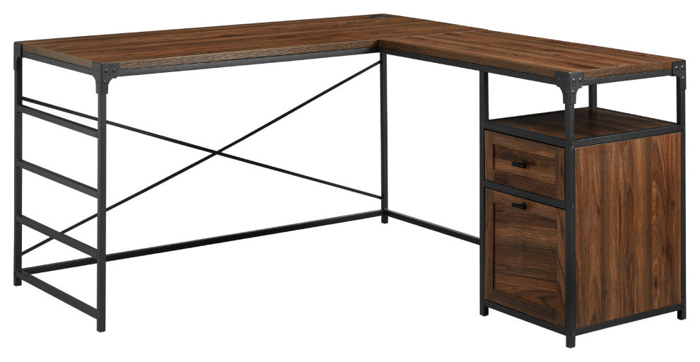Angle Iron L-Shaped Computer Desk with Storage - Dark Walnut