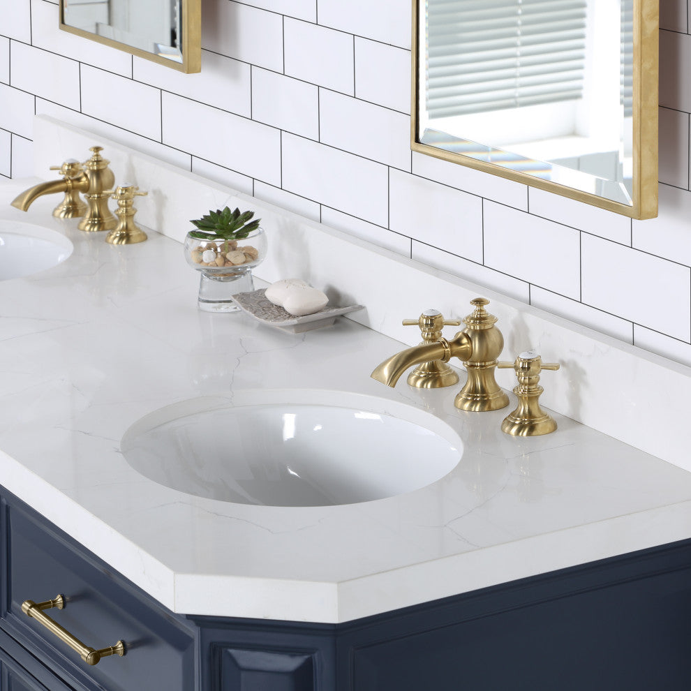 Palace 72" Double Sink White Quartz Top, Faucet, Mirror, Blue, F2-0013 Faucets