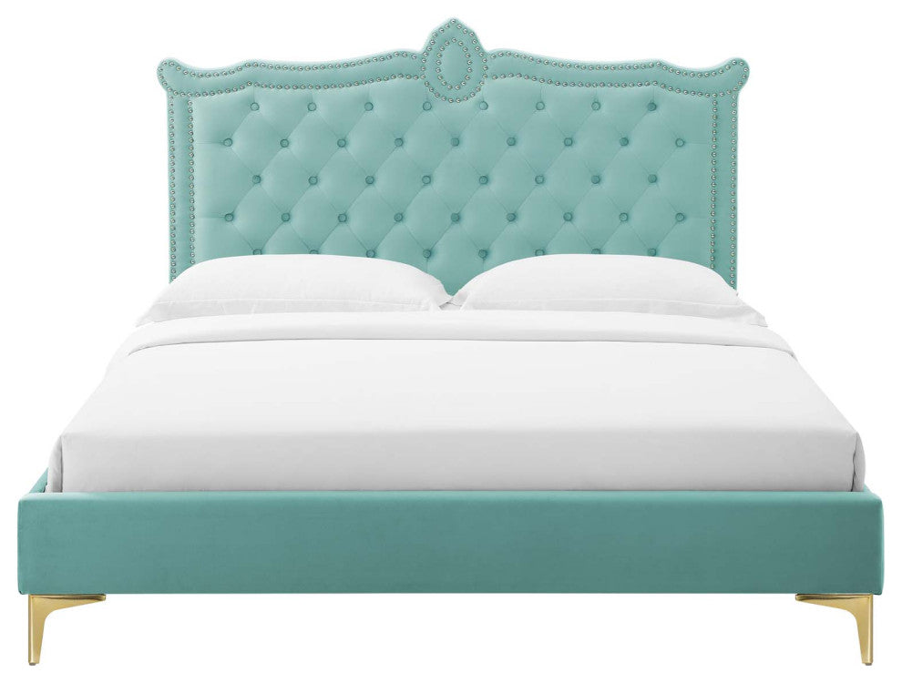 Platform Bed Frame, Nailhead, Queen Size, Blue, Velvet, Modern, Guest Suite