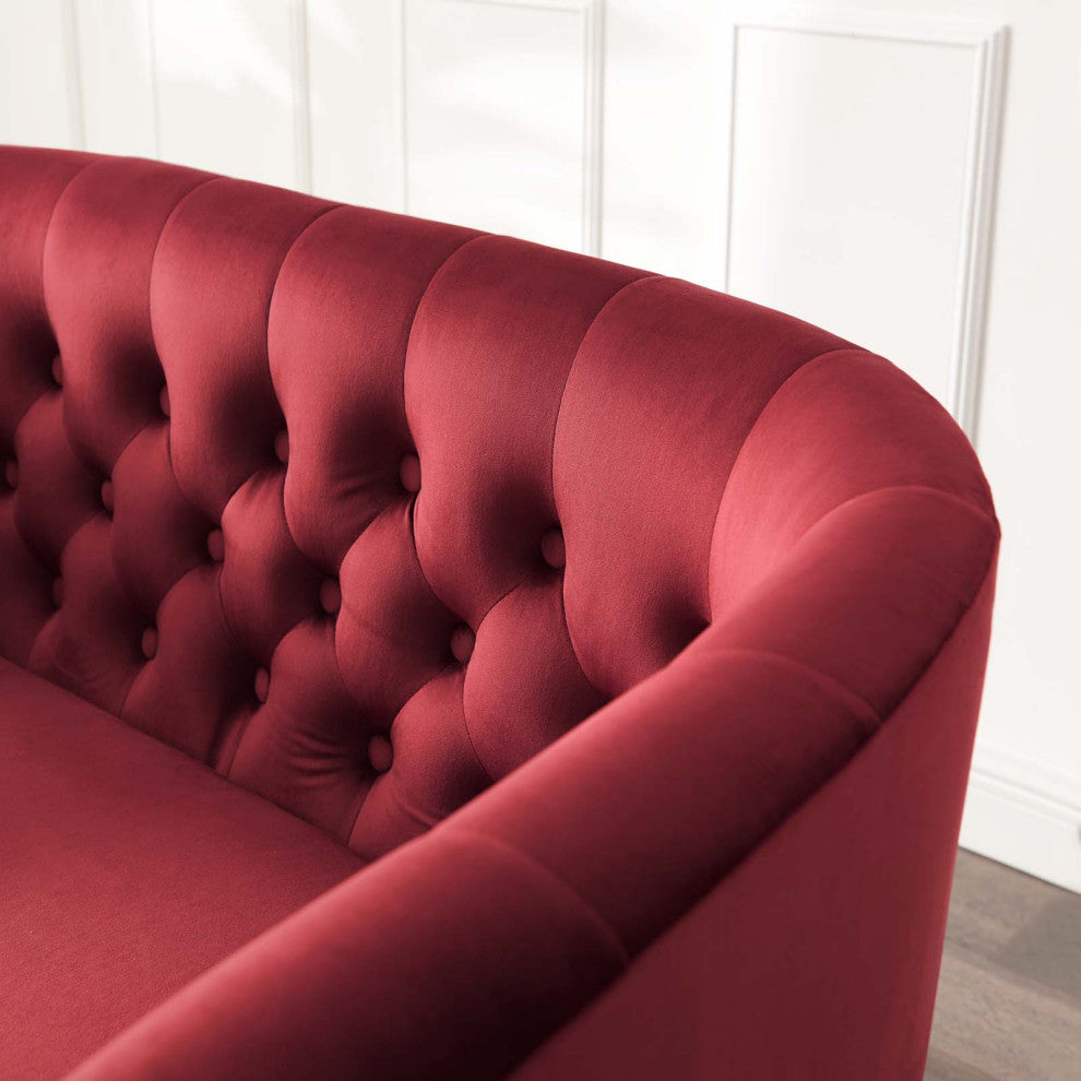 Loveseat Sofa, Velvet, Red, Modern, Living Lounge Room Hotel Lobby Hospitality