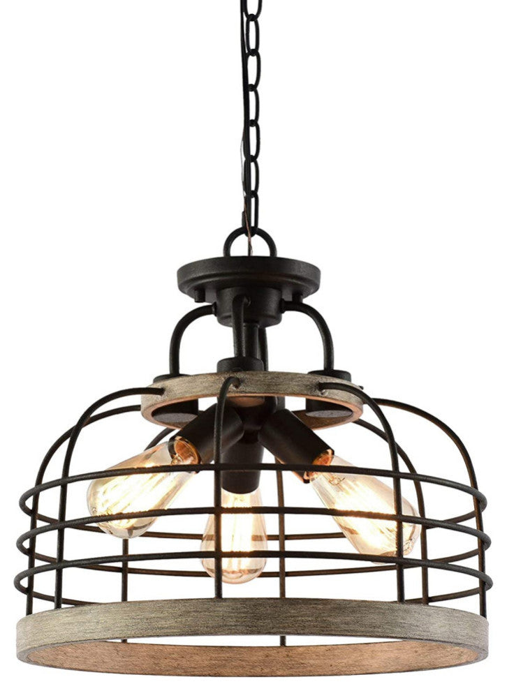 3 Light Industrial Chandelier Farmhouse Wood Cage Pendant Light