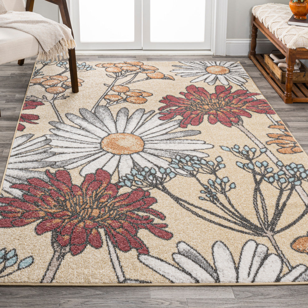 Dizi Modern Botanical Wildflower Area Rug, Yellow/Ivory/Red, 4x6