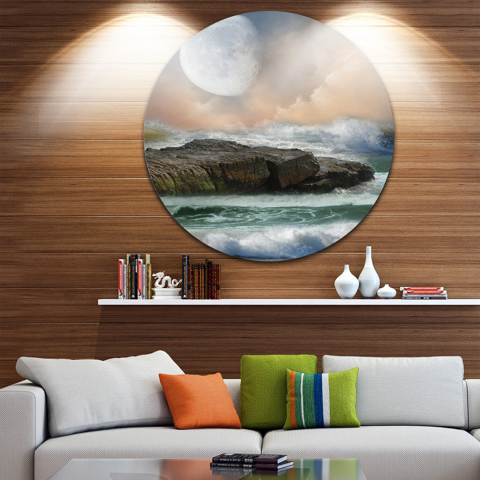 Roaring Ocean Under Moon, Seascape Photo Round Metal Wall Art, 23"