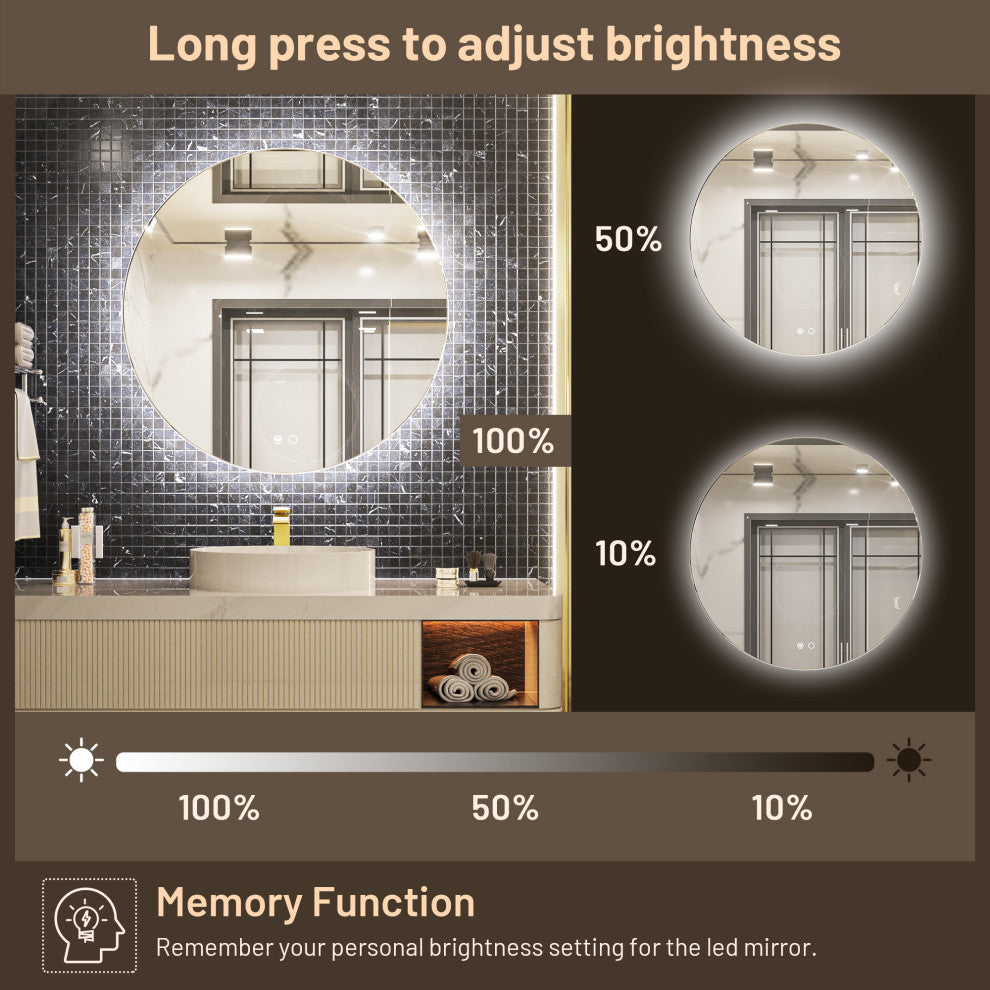 Round LED Vanity Mirror With Backlit, Anti-Fog & Dimmable LED, 24x24
