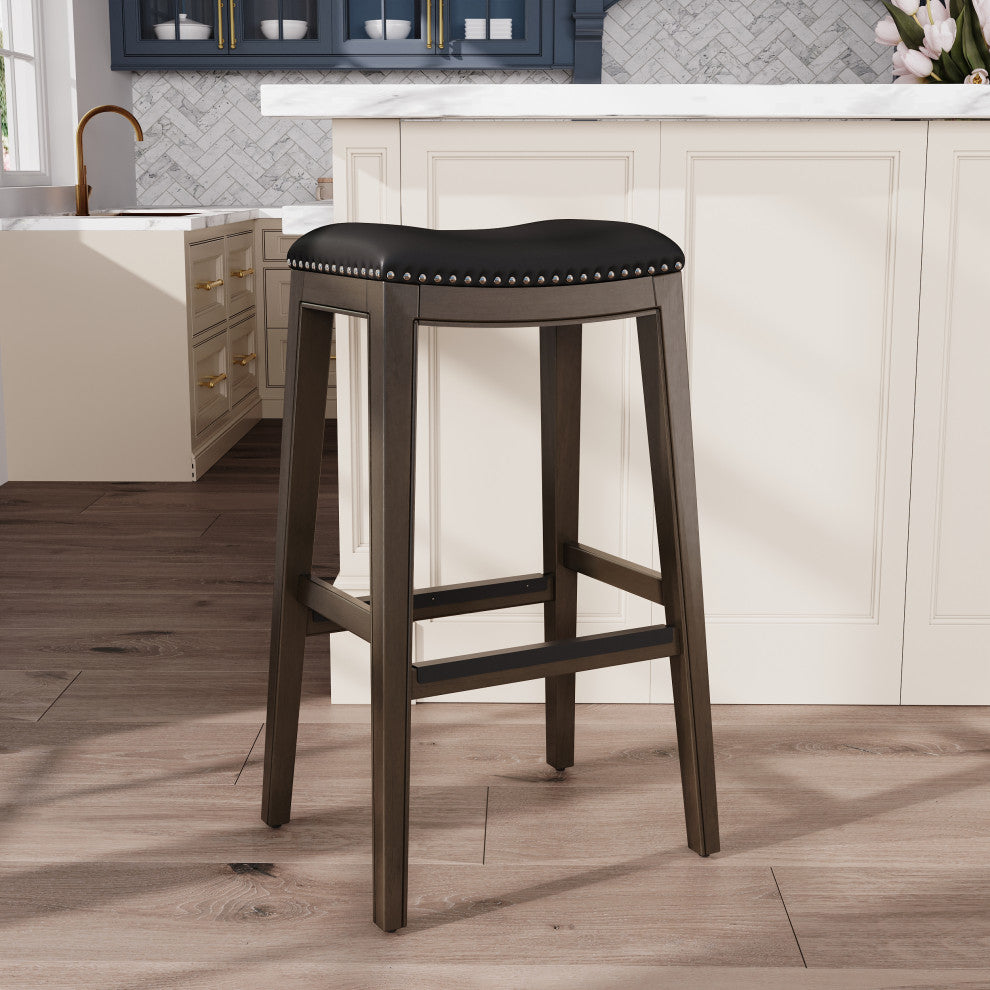 DTY Indoor Living Durango Bonded Leather Saddle Stool, Weathered Gray Finish, Black Leather, 30"