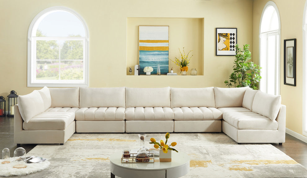 Jacob Velvet Upholstered 7-Piece U-Shaped Modular Sectional, Cream