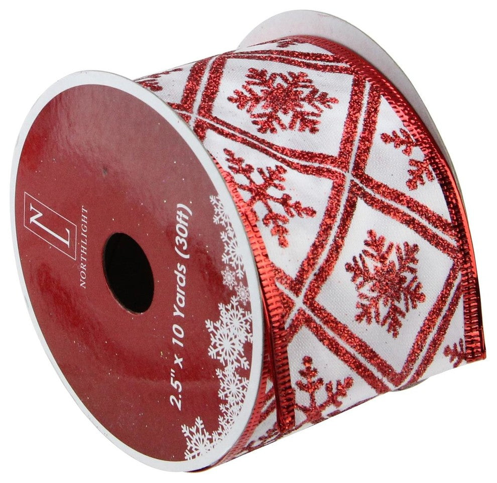 White & Red Snowflake Wired Christmas Craft Ribbon