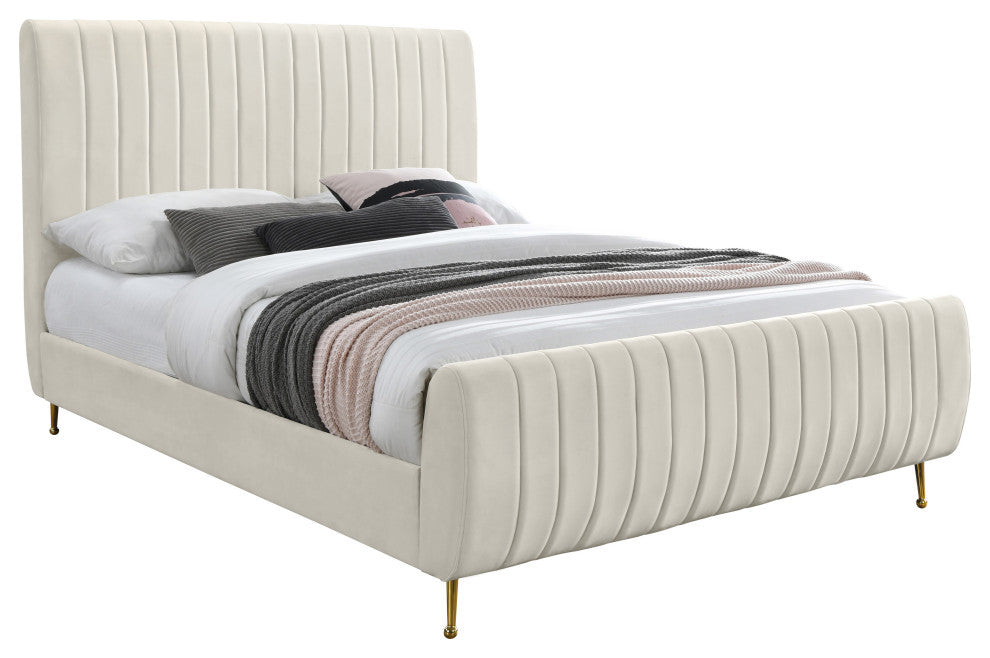 Zara Channel Tufted Velvet Upholstered Bed With Custom Gold Legs, Cream, Full