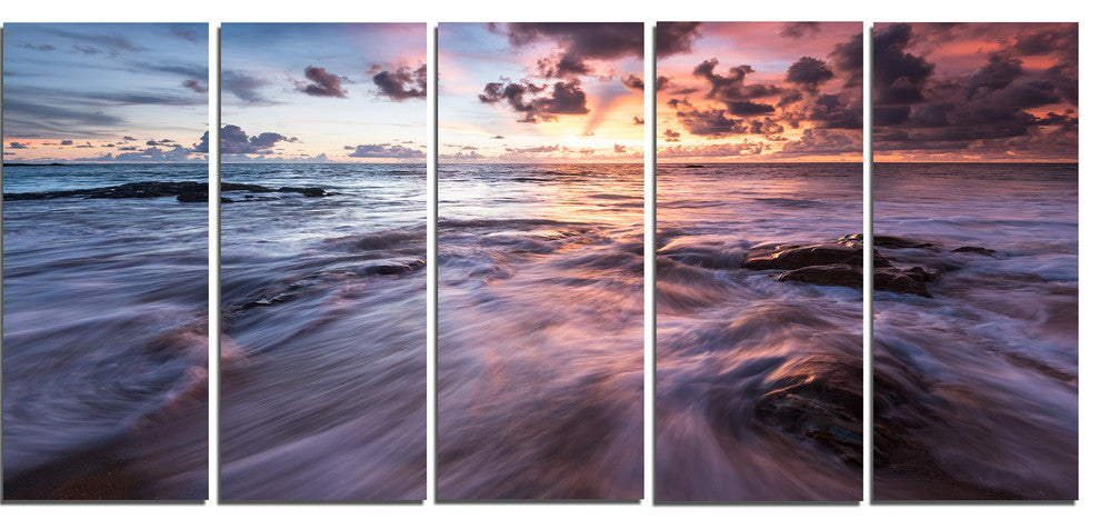 Waves Hitting Rocky Beach, Beach Photo Canvas Print, 60"x28", 5 Panels