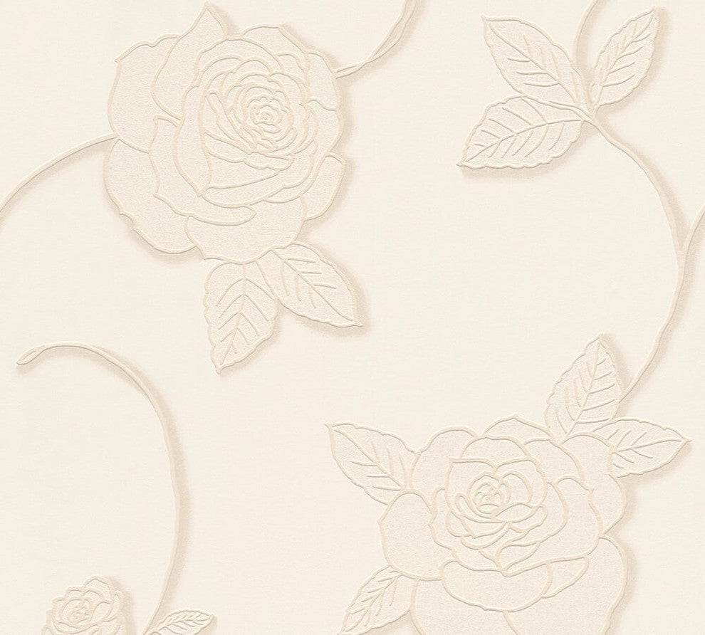 Moments, Baroque Motifs, Flowers And Garlands Cream Wallpaper Roll, Modern