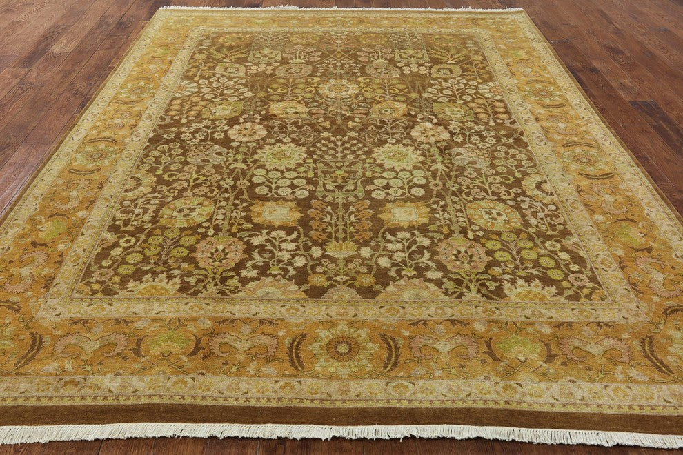 Oushak Peshawari Quality Brown Chobi Hand-Knotted Wool Rug, 8'x10'