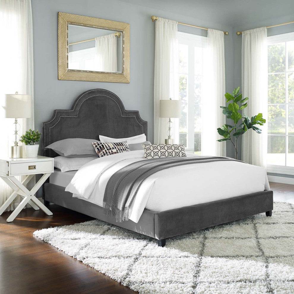 Primrose Queen Performance Velvet Platform Bed Gray