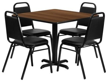 36'' Square Walnut Laminate Table, 4 Black Trapezoidal Back Chairs