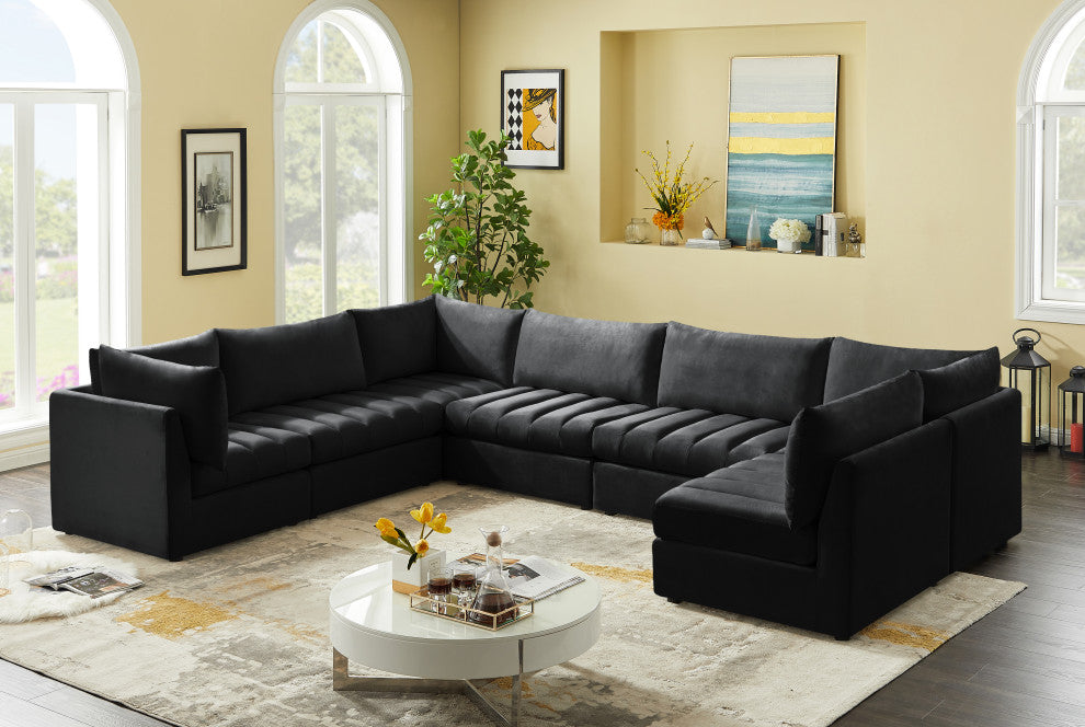 Jacob Velvet Upholstered 7-Piece U-Shaped Modular Sectional, Black
