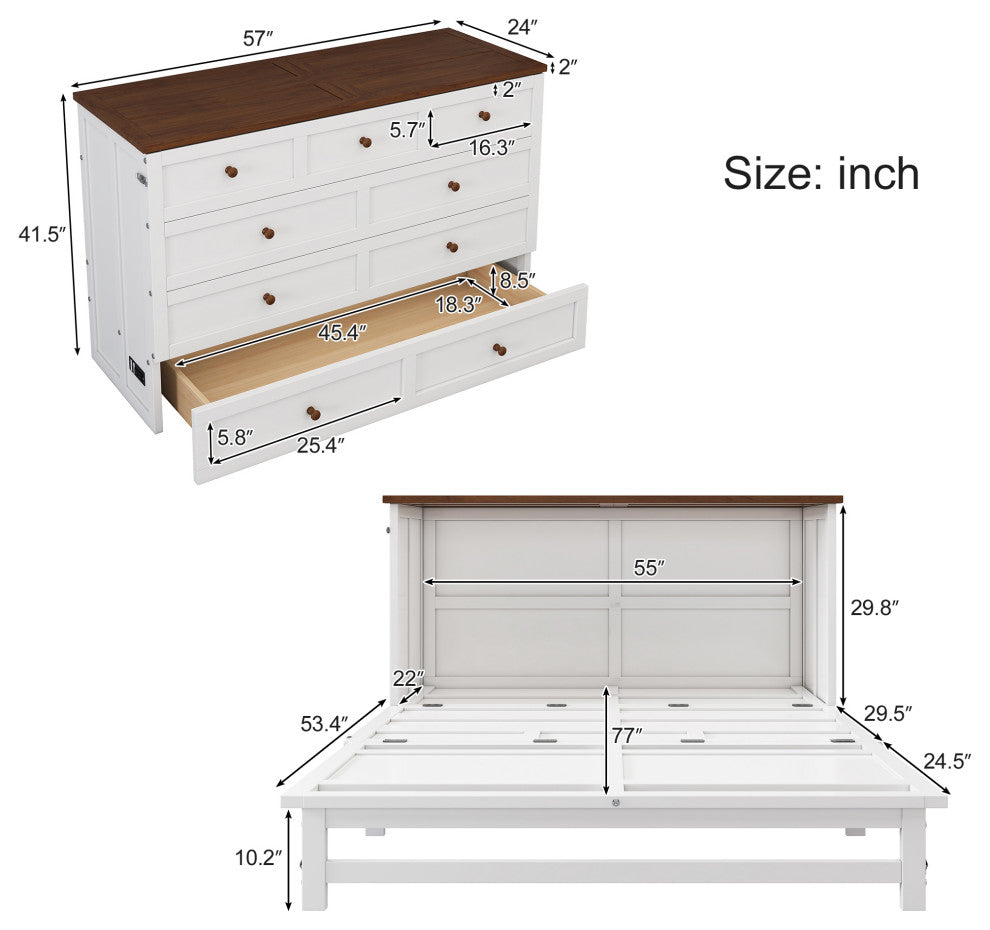 Full/Queen Solid Pine Frame Murphy Bed, Charging Station, Full
