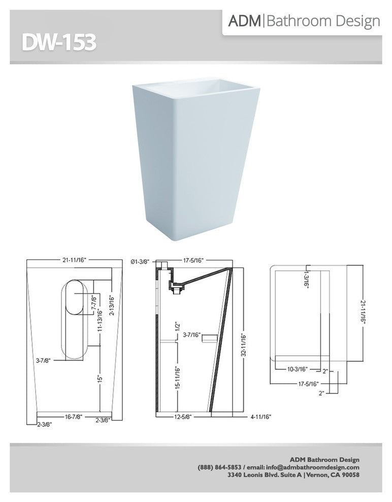 ADM Rectangular Freestanding Pedestal Sink, White, 22", Matte White