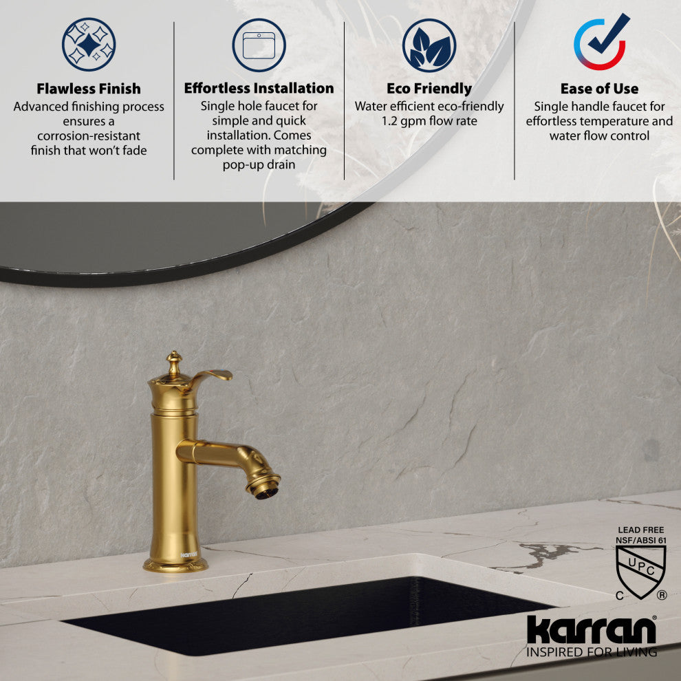 Karran 1-Handle 1-Hole Bathroom Faucet With Pop-up Drain, Gold