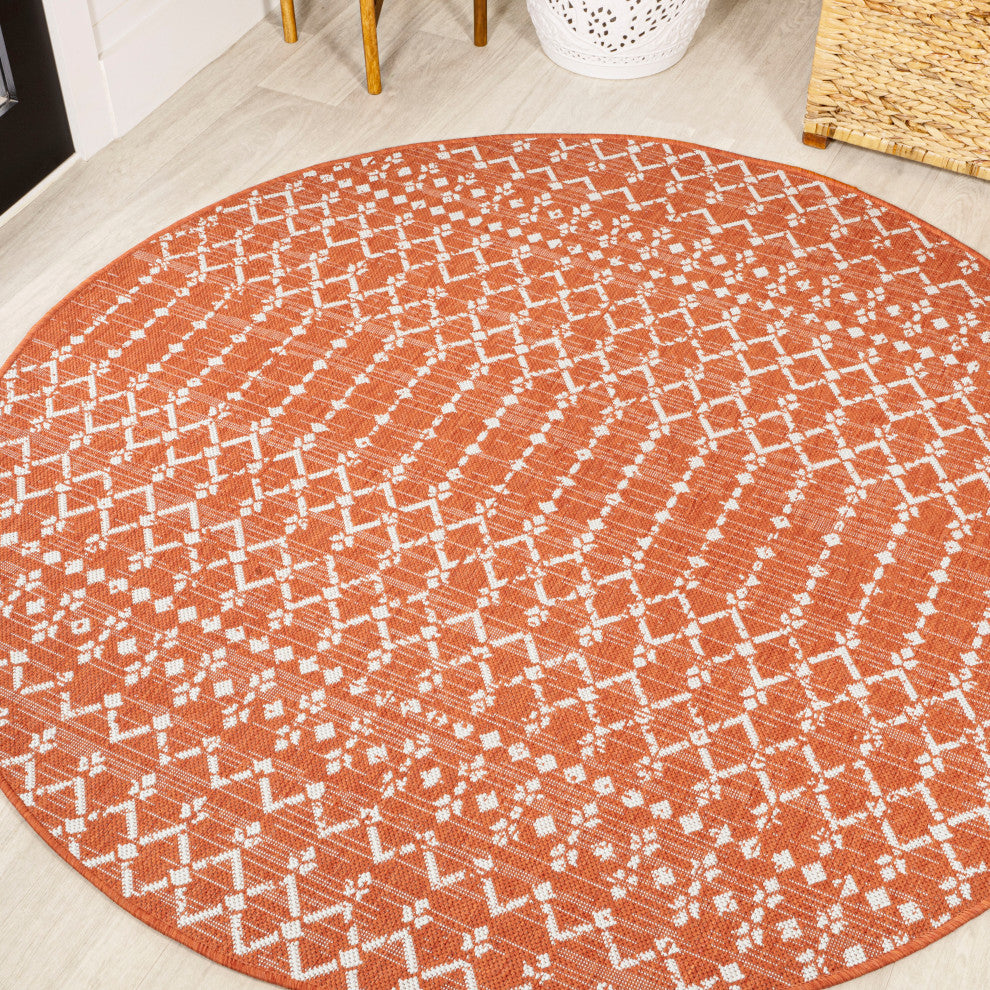 Ourika Moroccan Geometric Indoor/Outdoor Rug, Orange/Cream, 5' Round