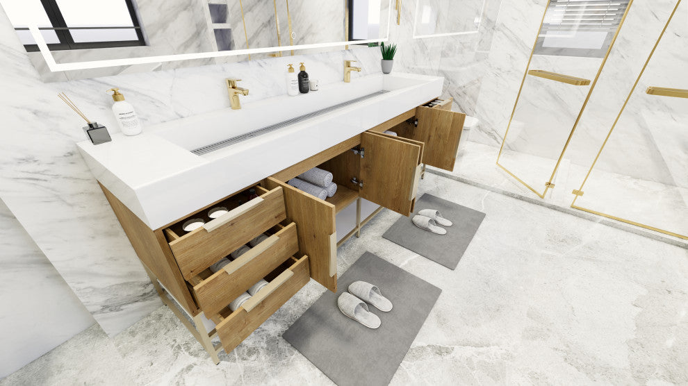 Madison 84" Free Standing Double Sink Vanity with Reinforced Acrylic Sink, Oak