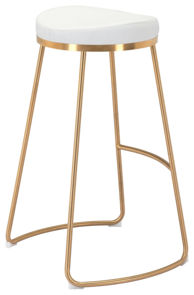 Bar Stool Chair Barstool, Set of 2, Faux Vinyl Leather, Steel, White, Gold