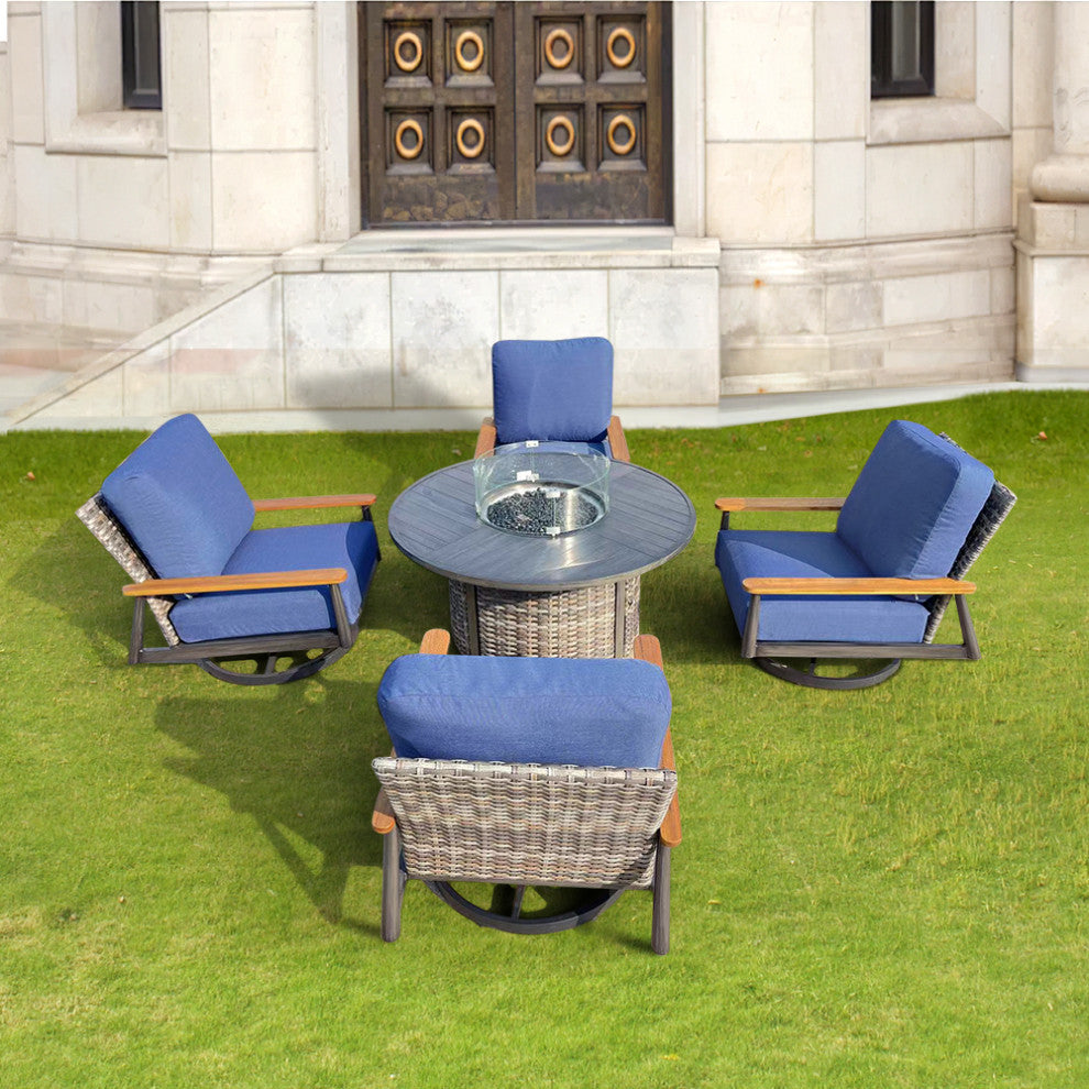Manbo 5-Piece Aluminum Wicker Outdoor Fire Pit Deep Seating Set with Cushions, Spectrum Indigo Acrylic