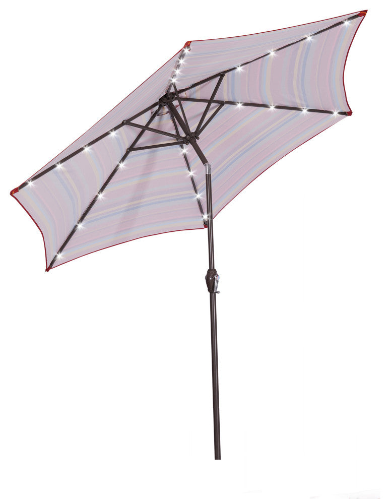 9' Outdoor Patio Steel Market Umbrella With 24 LED Lights, Red Striped