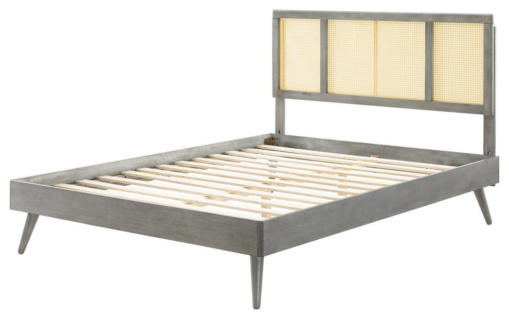 Platform Bed Frame, King Size, Wood, Gray, Modern Mid-Century, Bedroom