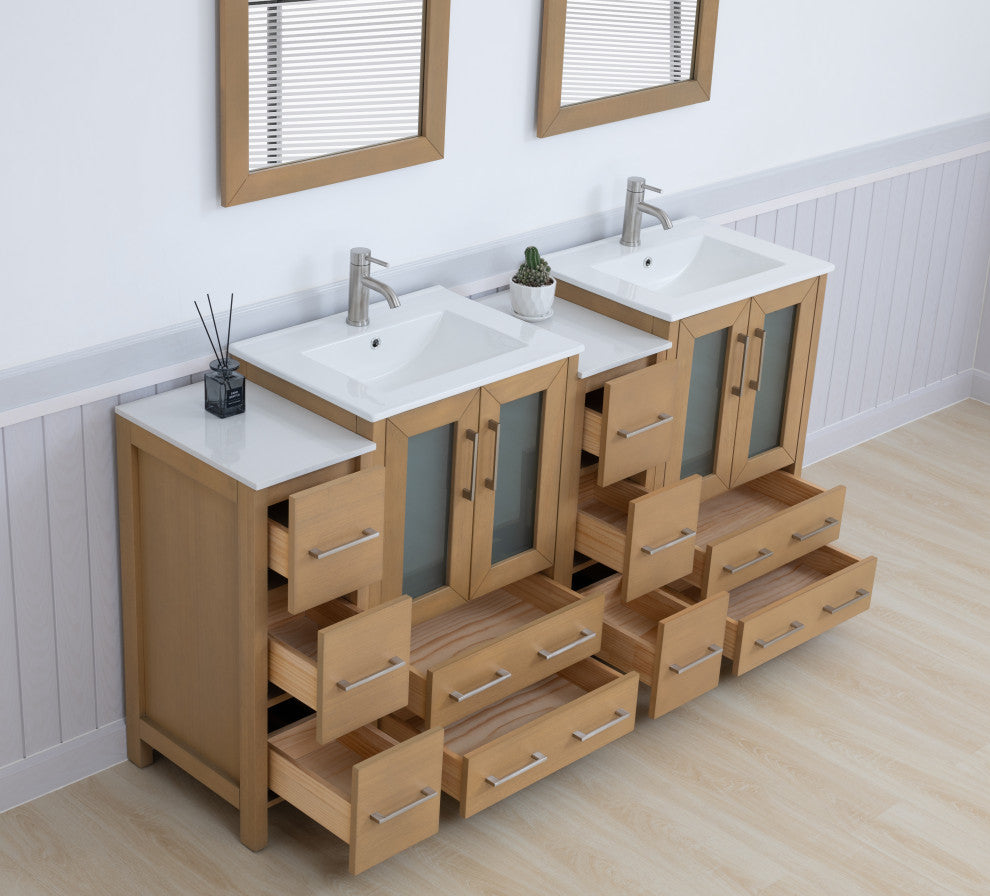 Vanity Art Vanity Set With Ceramic Top, 72", Natural Oak