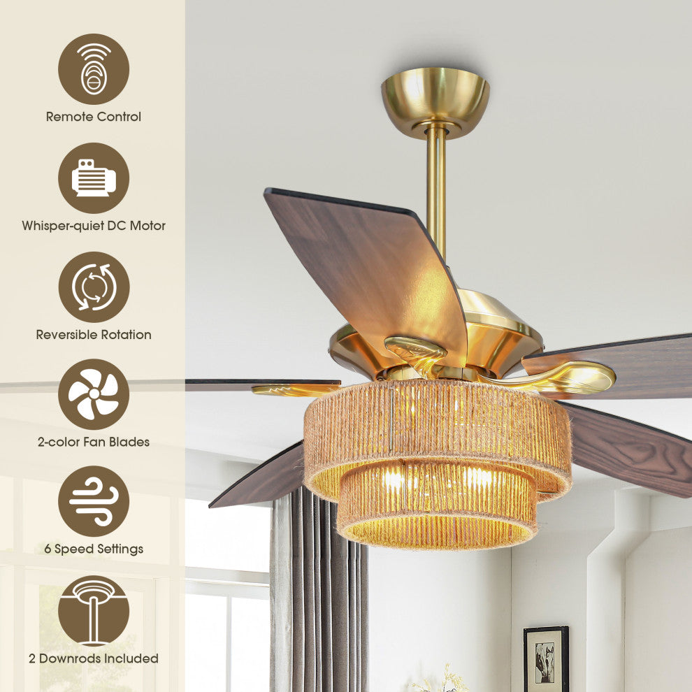 52 in Farmhouse Brushed Gold Ceiling fan with Hemp Rope Shade