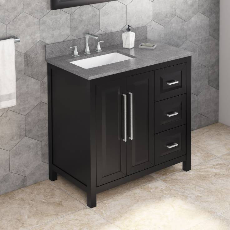 Cade Transitional 36" Black Left Offset Sink Vanity, Steel Grey Cultured Marble