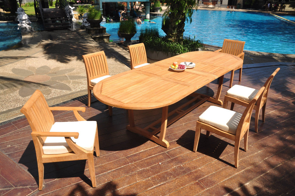 7-Piece Outdoor Patio Teak Dining Set: 117" Masc Oval Extn Table, 6 Lagos Chairs