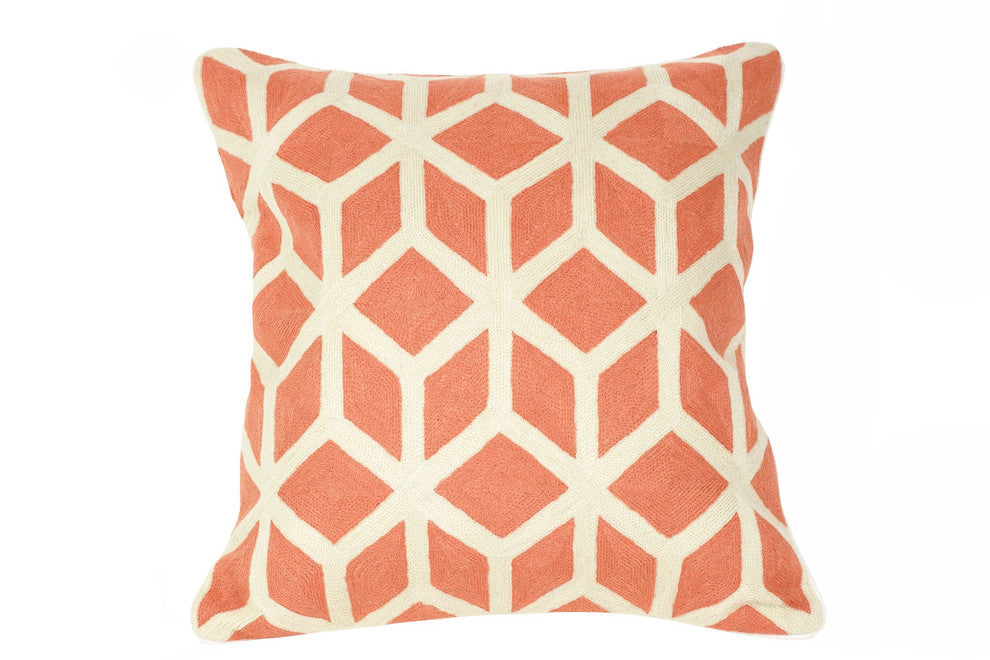 Hand-Embroidered Jaipur Coral Geometric Pillow, Cover Only