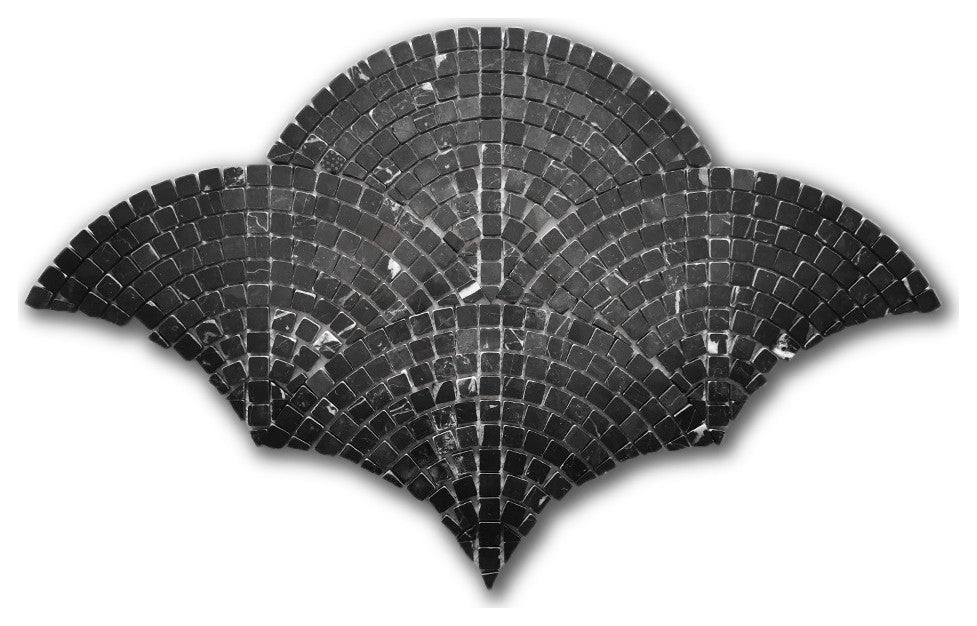 Nero Marquina Black Marble Fish Scale Scallop Fan Mosaic Tile Honed, 1 sheet