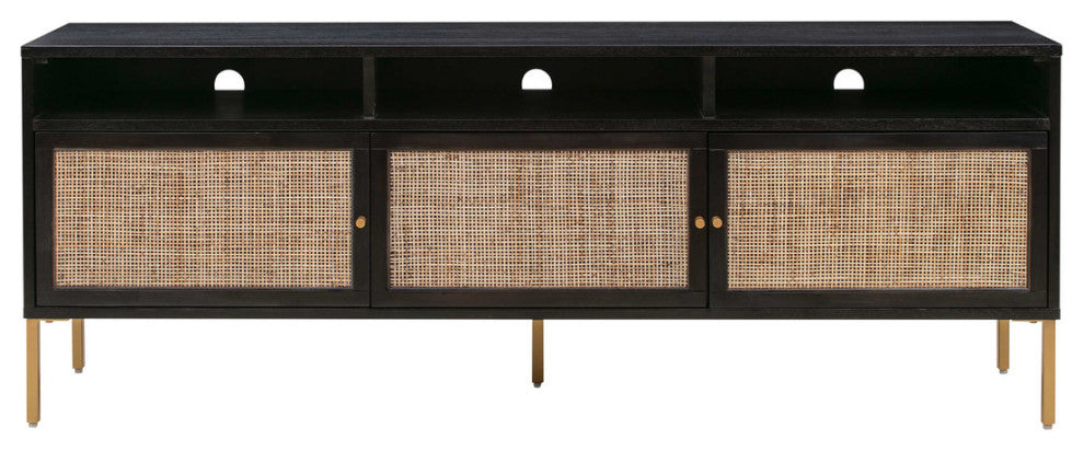 Cane TV Stand, Wood Wicker Modern Media Storage Console, Black