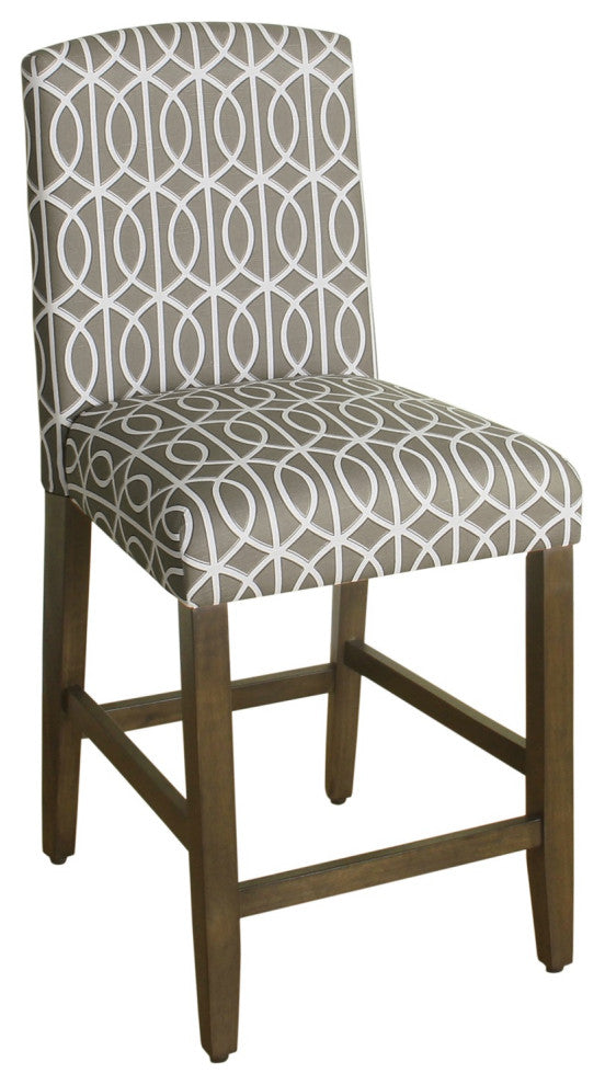 Fabric Upholstered Wooden Barstool with Trellis Pattern Cushioned Seat
