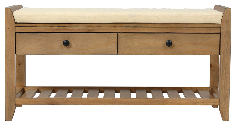 TATEUS 39" Entryway Storage Bench With Shoe Rack and Cushioned Seat, Old Pine