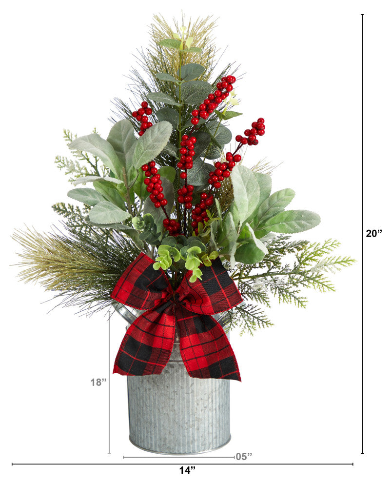 20" Holiday Winter Greenery, Pinecone & Berry W/ Bow Faux Xmas Table Arrangement