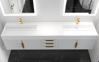 CastelloUSA Amazon 84" Wall Mounted Bathroom Vanity Set, White, White Top, Gold Handles